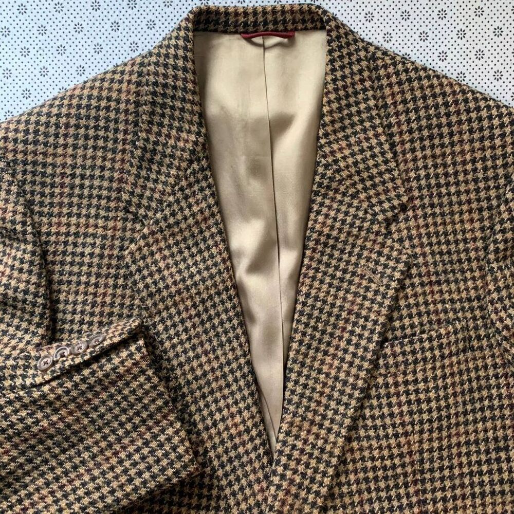 Hart Schaffner Marx 42R Houndstooth Pure Wool Sport Coat Blazer Vintage Tan